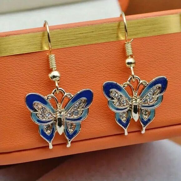 Exquisite Blue Enamel Butterfly Design Shiny Zircon Dangle Earrings. - Picture 4 of 5